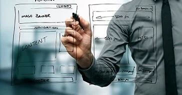 Transparent board drawing of a website mockup